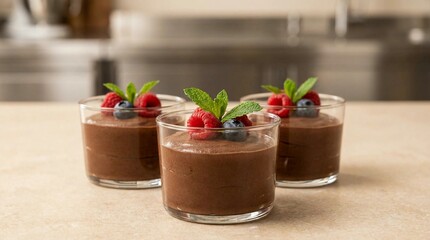 Three chocolate mousse desserts with berries and mint garnish