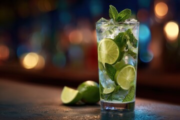 Modern mojito cocktail with lime and mint in a tall glass on a bar counter.