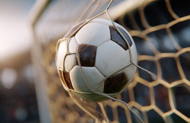 A soccer ball flies into the goal, with a blurred background, high level of detail.