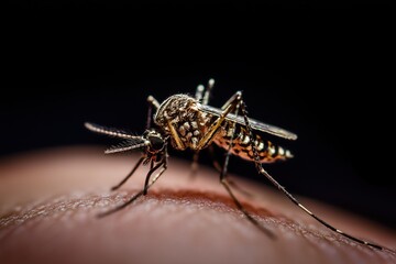 Macro shot of a mosquito on human skin.