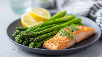 Grilled salmon fillet served with fresh asparagus and lemon slices on a gray plate, showcasing a healthy and appetizing meal presentation for culinary enthusiasts