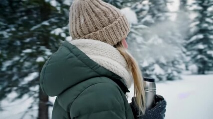 Woman on winter walk in snowy forest. Exhaling breath in cold air then sipping hot drink from thermos. Enjoying serene nature trail. - Powered by Adobe