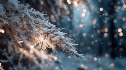 Christmas theme background, pine tree branches covered in snow with dreamy bokeh light with copy space 