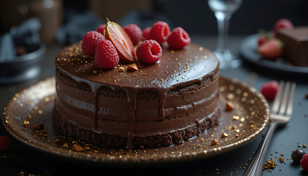 Decadent chocolate cake adorned with fresh raspberries and golden sprinkles, elegantly presented on a decorative plate, showcasing a luxurious dessert experience - Powered by Adobe