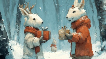 A cute, dreamy Christmas illustration featuring a gentle rabbit and a friendly deer exchanging gifts in a snowy forest. Soft snowfall, warm festive glow, and whimsical holiday charm create a magical w