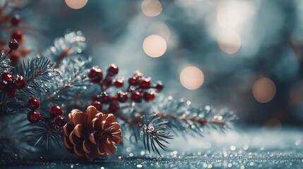 Christmas theme background, close up pine tree with red berries and pine cone 