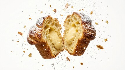 Cream filled croissant cut in half, isolated on white background