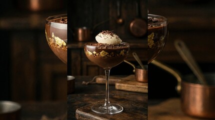 Rich chocolate mousse dessert with vanilla ice cream scoop