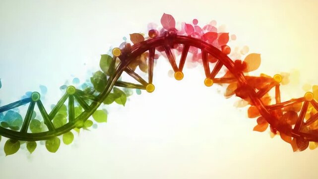 Vibrant multicolored dna helix with leaf motifs on light background