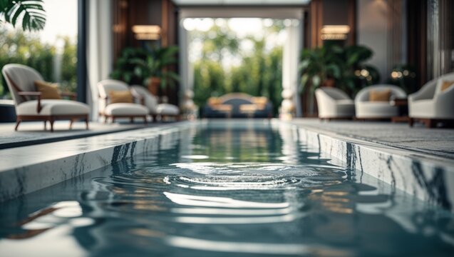 Luxury indoor pool with elegant seating area and lush greenery