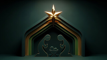 Modern geometric nativity scene with golden star and abstract figures for Christmas celebration, holiday greeting card.