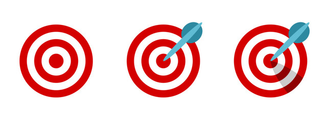 Red and White Circles Round Geometric Dart and Dartboard Arrow Aiming Target Bullseye Hit Accuracy or Accurate or Excellent Idea Opinion Misson Accomplished Symbol Sign Icon Set. Vector Image.
