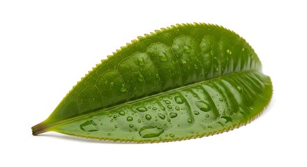 Fresh Green Tea Leaf with Water Droplets Isolated