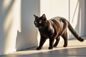 Elegant black cat with striking green eyes walking in sunlight
