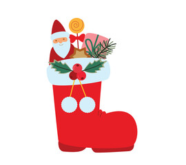 Christmas boot filled with gifts, Santa Claus, candy and pine branch. Vector illustration of Nikolaus boot in flat style for holiday decoration and seasonal design.