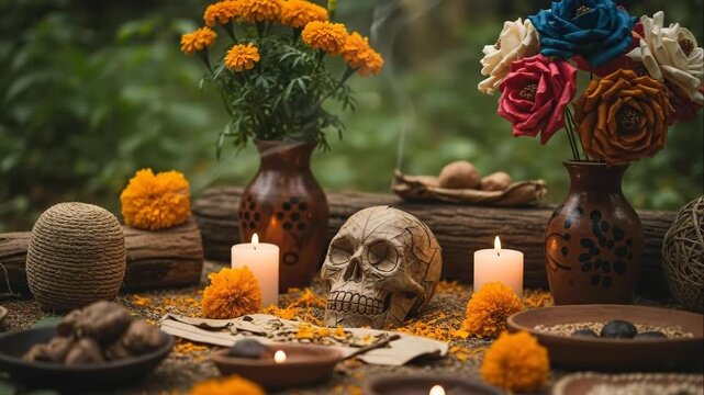 Animated sequence of Day of the Dead altar setup featuring marigold flowers skull and candles on wooden table. Mexican ofrenda tradition honoring deceased with vibrant blooms and flickering lights in