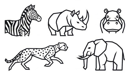 Fototapeta premium Stylized African Wildlife: Geometric Illustrations of Iconic Animals in Monochrome