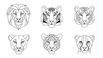 Geometric animal portraits design featuring lion, tiger, panther, cheetah in minimalist style