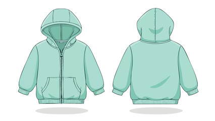 Hooded sweatshirt technical sketch, front and back view showing design features, details and shape for fashion design or manufacturing illustration