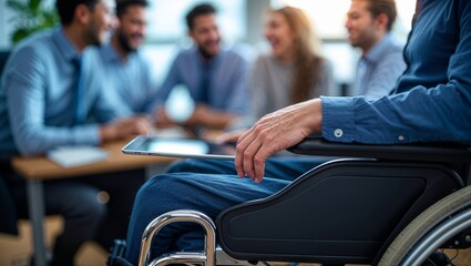 Business meeting with a person in a wheelchair, teamwork and inclusion concept