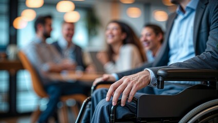 Businessman in a wheelchair with colleagues in a modern office setting
