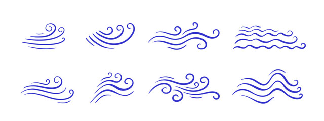Wind line, blue breeze, wave hand drawn set