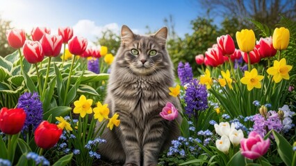 Majestic maine coon cat sits proudly amidst a vibrant spring tulip and daffodil garden