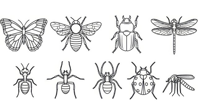 Detailed Outline Collection of Common Insects for Educational Materials and Designs