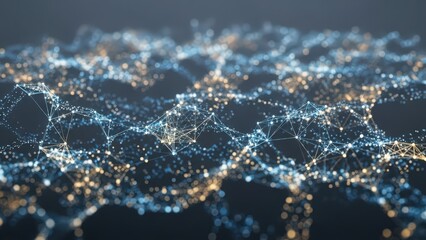 Abstract plexus network with glowing lines and dots creating digital data connection technology background in a dark environment with blue and orange tones