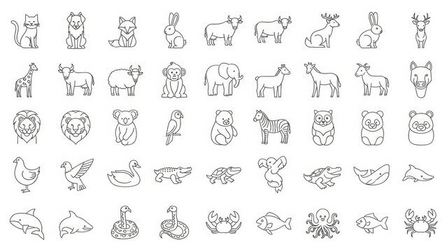 Diverse animal kingdom represented through simple line art icons for educational materials