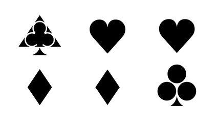 Set of playing card icons, vector style, isolated, modern geometric design, flat black and white shapes, poker symbols, casino theme