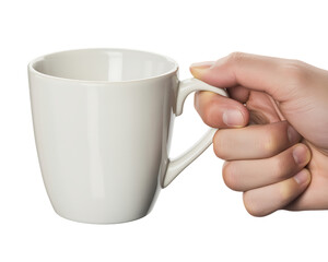 Hand holding a ceramic coffee mug isolated on white, a perfect blank beverage container for a morning drink