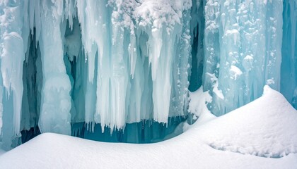 Vast translucent blue and white ice formations hang above deep fresh snow Jagged icicles create a dramatic winter scene