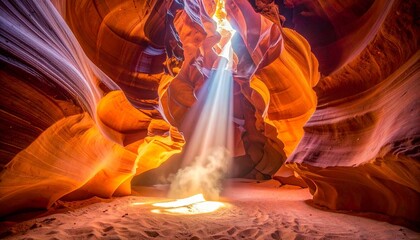 Sunlight beam piercing through a narrow slot canyon with swirling orange and purple sandstone walls