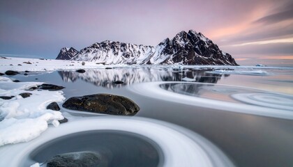 Snow capped mountains reflect in tranquil partially frozen water with swirling ice patterns A colorful sky frames the