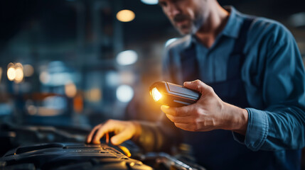 Faceless skilled mechanic hands on car engine flashlight inspection tool under hood parts checking repair shop professional service organized workshop environment defocused