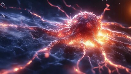 Glowing neural network node with electric currents in a dark atmosphere. hMPV, Human metapneumovirus - Powered by Adobe
