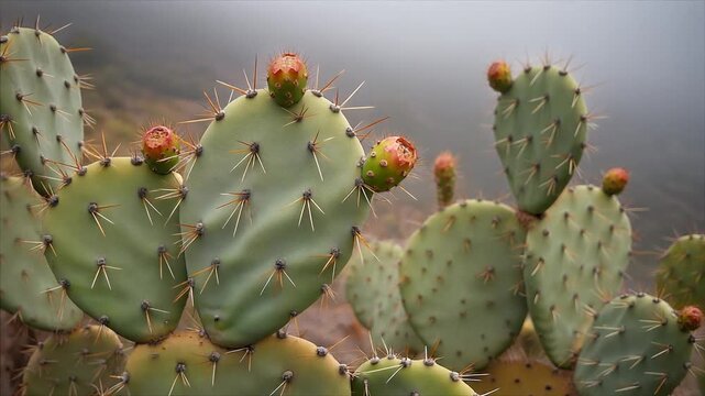Prickly Pear Cactus with Developing Red and Green Fruits (Tunas) and Spines in a Natural Outdoor Setting