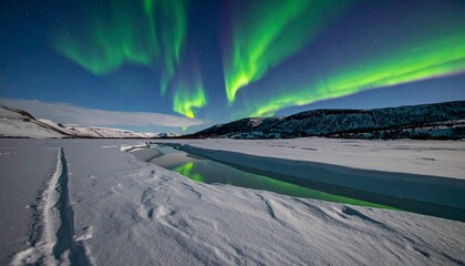Vibrant green aurora borealis dances across starry night sky above snow covered landscape and icy water