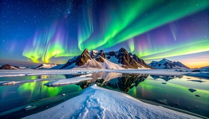 Vivid Aurora Borealis illuminates snowy mountains and reflective icy lake under starry night sky