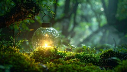 A glowing orb lantern rests on mossy ground in a lush misty forest Light