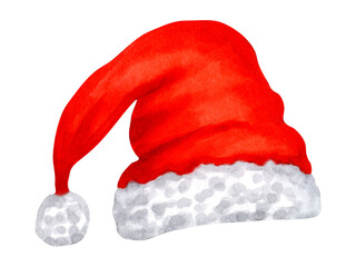 Santa Hat. Red hat with fluffy white trim and a pom pom. Watercolor, marker illustration. Hand drawn isolated art. Perfect for cards, packaging and Christmas projects. A perfect New Year's look