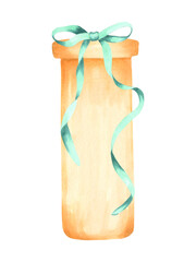 Gift bag, box decorated with a turquoise bow on top. Watercolor illustration. Hand drawn isolated art. Suitable for New Year's and holiday designs, cards, invitations for Christmas, winter holidays