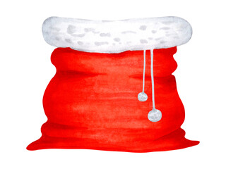 Santas red sack with a fluffy white trim on top. Watercolor and marker illustration. Hand drawn isolated art. A classic New Year image associated with gifts, Christmas and the winter holidays