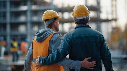 Faceless construction engineers in helmets and vests working together partially built concrete structure technical expertise teamwork civil engineering architecture defocused
