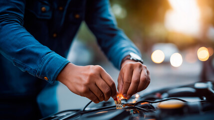 Faceless focused mechanic hands under open hood wiring and components inspection outdoor auto repair hands on skill precision technical troubleshooting work defocused vehicle