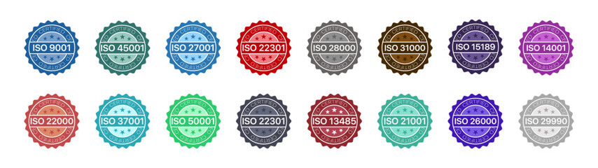 ISO certification badge stamp set with different colors, ISO 9001, 14001, 45001, 27001, 22000, 50001, 37001, 22301, 13485, 28000, 31000, 21001, 15189, 29990, 26000 – editable vector