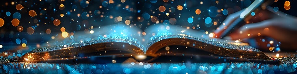 Panoramic image of a magical open book with glowing particles and a hand writing in it
