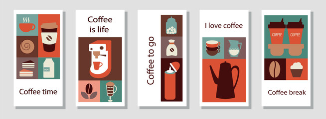 Coffee Themed Geometric Banners Collection. Abstract background with simple shapes for coffee shops, product packaging, cafe walls, and menus.