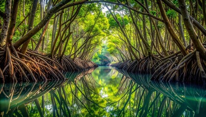 Lush green mangrove forest with intricate root systems lining a calm water channel creating a natural archway and clear